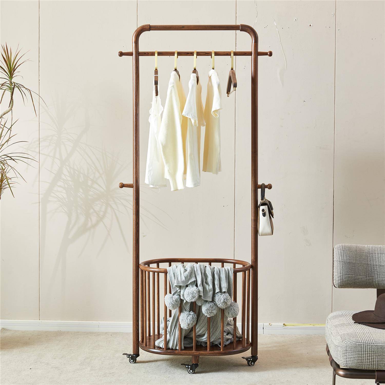 简约室内挂衣架落地衣架可调节展示架实木双层移动货架衣帽架收纳