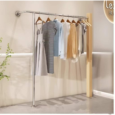服装店上墙展示架落地女装店货架挂衣架不锈钢落地式挂杆实木