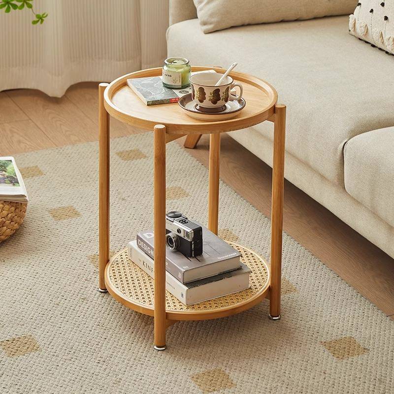 日式藤编茶几卧室床头小圆桌客厅沙发边几现代简约实木茶桌置物架
