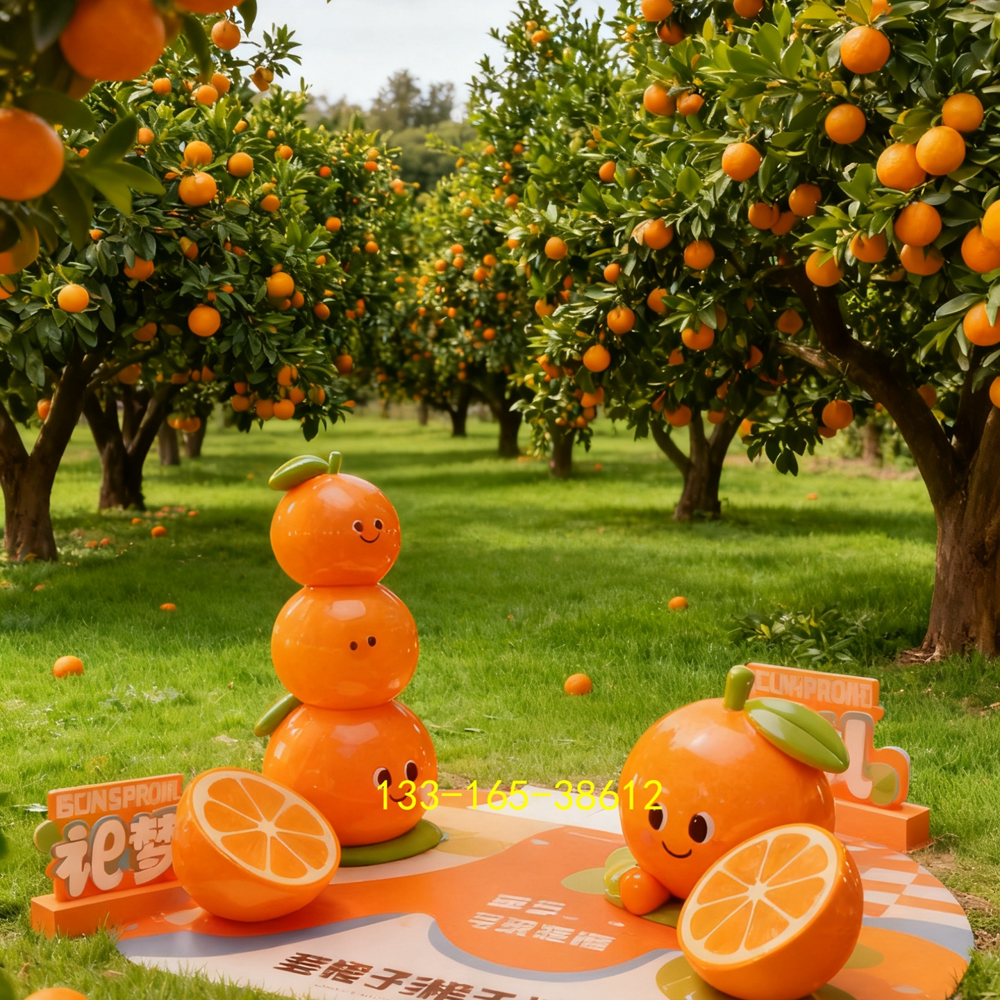 采摘园橙子表情包公仔卡通人偶雕塑定制广西沃柑水果篮模型砂糖橘