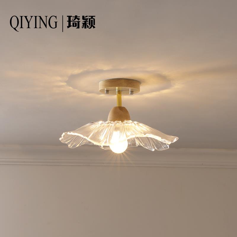 北欧日式中古风荷叶过道吸顶灯玄关门厅阳台飘窗复古玻璃侘寂风灯
