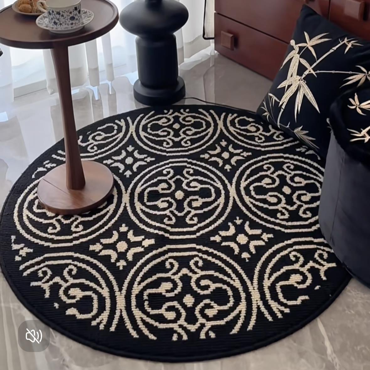 法式黑色中古圆形地毯高级感圈绒轻奢沙发茶几毯书房衣帽间地垫