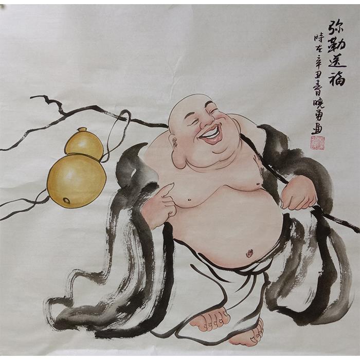 纯手绘国画人物四尺斗方弥勒客厅装饰画玄关挂画图片
