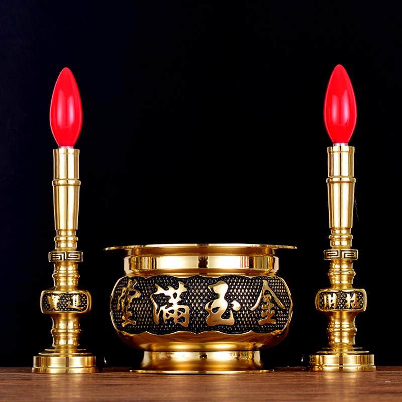 铜香炉配电蜡烛套装家用供奉财神过年拜神长明灯纯黄铜LED烛台灯,家居饰品,烛台,淘宝优惠券,粉丝福利购,淘宝优惠卷