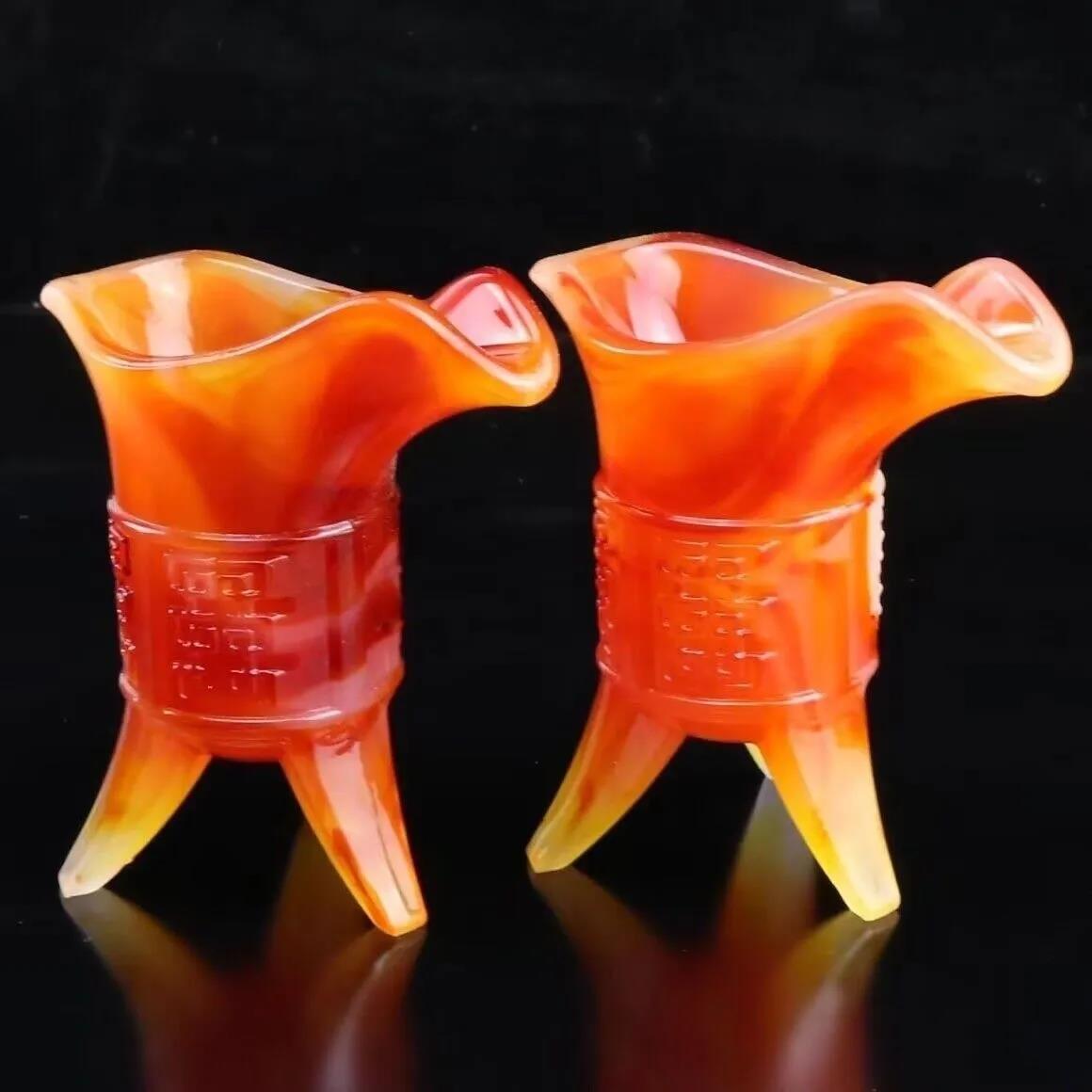 红玛瑙中国风白酒樽仿古玉三足酒爵杯古代酒杯古风三角饮酒杯摆件