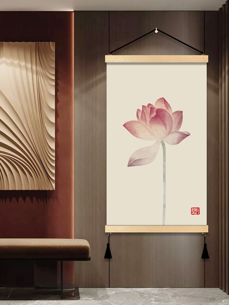 中式荷花茶室挂画办公室装饰画书房客厅艺术挂布可定制背景墙壁画图片