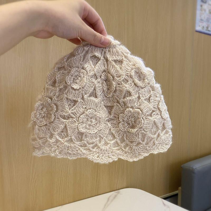 日系双层手工钩花套头帽