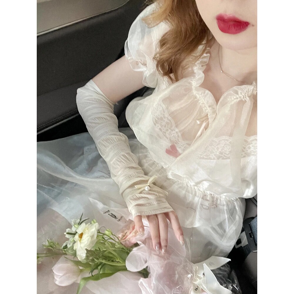 防晒冰丝袖套女夏季防紫外线薄款开车骑车宽松蕾丝手臂套袖子手套