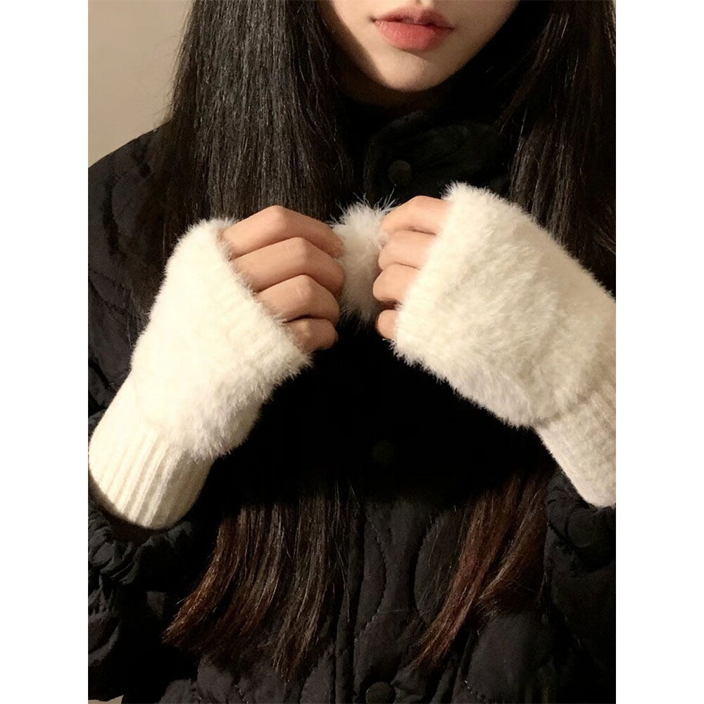 白色半指毛绒手套女生冬毛茸茸针织保暖加绒露指学生写字半截手套