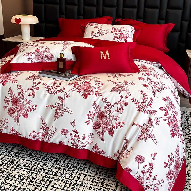 A类200支纯棉印花婚庆四件组大红色床单被套婚房全棉结婚床上用品