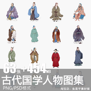 中国古代国学人物文人诗人名医孔子画像手绘插画png免抠素材图片