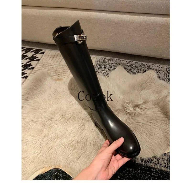 Brown Thigh High Boots: 2023 Vintage Leather Square Heel - Taobao product photo 3