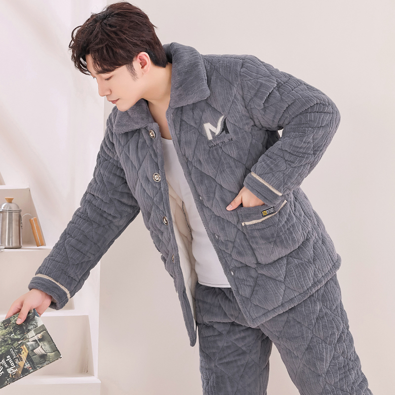 男士珊瑚绒三层加厚睡衣保暖