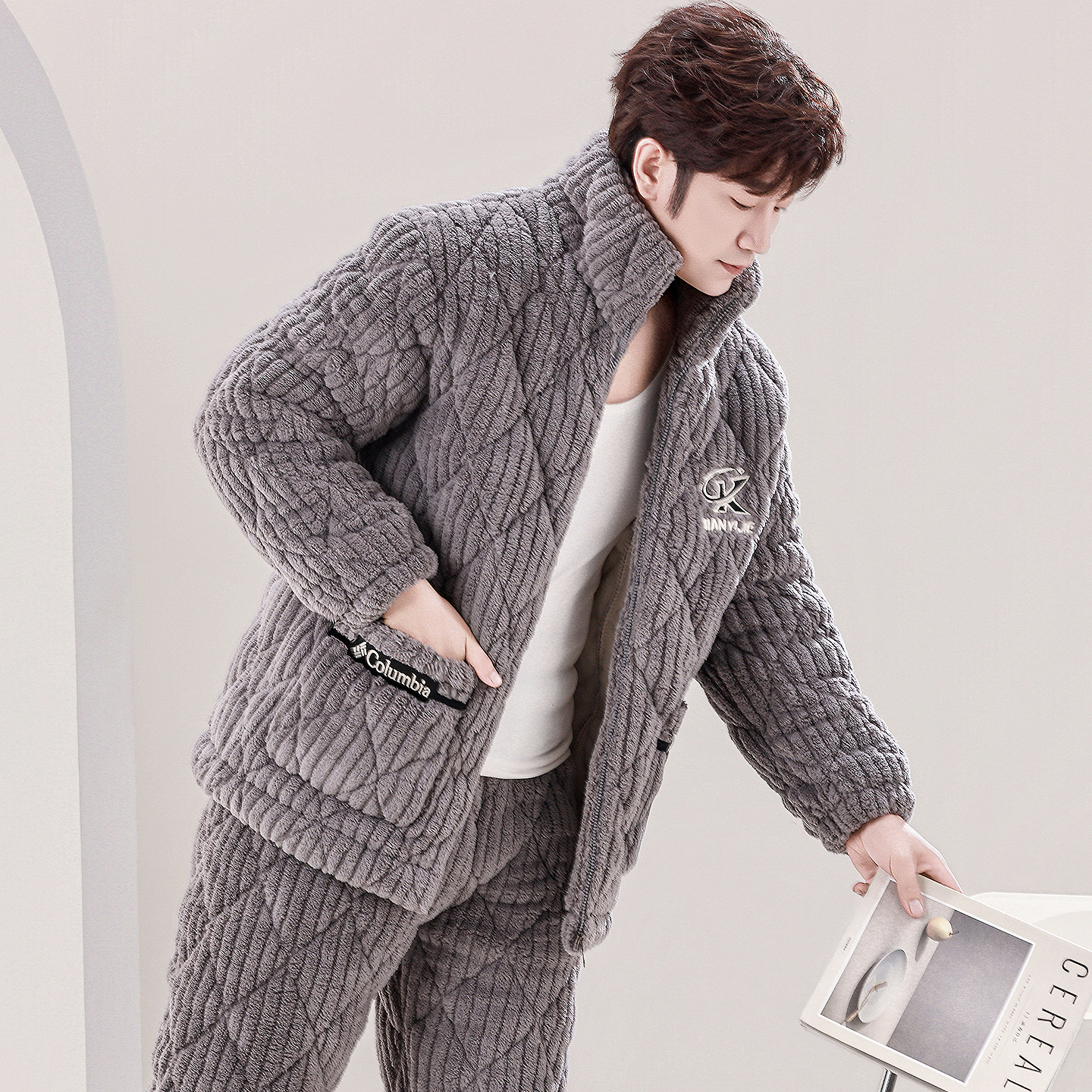 男士冬季珊瑚绒三层加厚加绒睡衣