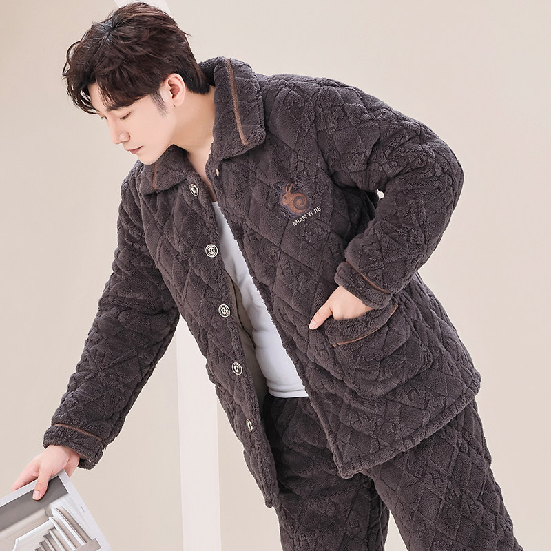 棉依界冬季男士睡衣三层加厚加绒珊瑚绒保暖夹棉袄套装家居服冬款,女士内衣/男士内衣/家居服,睡衣/家居服套装,淘宝优惠券,粉丝福利购,淘宝优惠卷