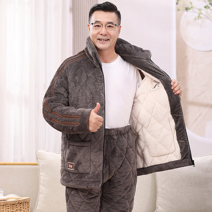 男士睡衣秋冬季加厚加绒珊瑚绒夹棉袄中老年保暖爸爸家居服冬天款