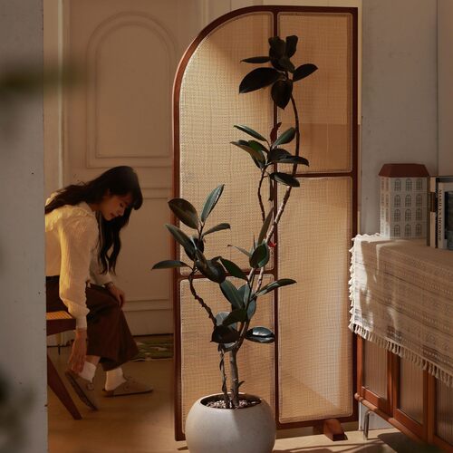 中复古实木藤编屏风隔断玄关入户