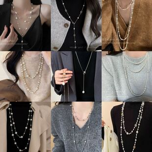 轻奢项链多层珍珠法式玻璃毛衣链时尚叠带宫廷风秋冬女高级感串珠