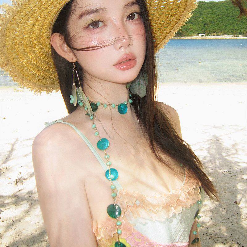海边套装锁骨女小众雪纺流苏链