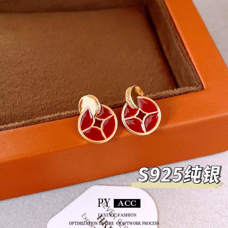 针〗纯银滴油古风耳环耳钉真金电镀耳饰〖S925朱禄铜钱中18k环珥