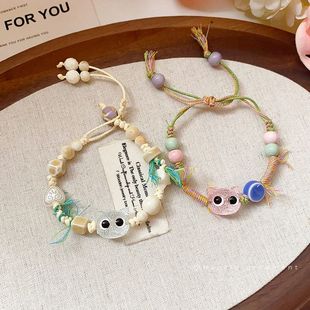 时尚 手饰设计感手链女蜡绳手环陶瓷甜美小众气质卡通小猫串珠个性