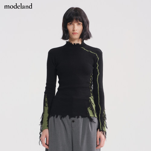 MONO FLAT羊毛高领套头拼色流苏长袖毛衣