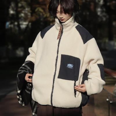 牧游昏昏冬季日系羊羔毛两面穿立领棉衣外套男宽松拼色保暖棉服潮
