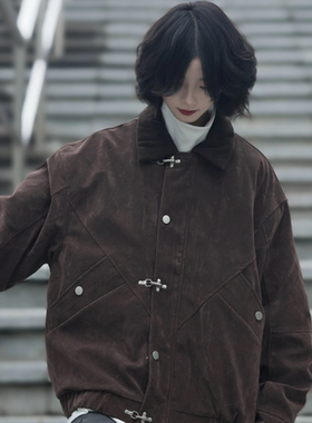 牧游昏昏美式复古麂皮结构男冬季夹克加厚保暖棉服外套