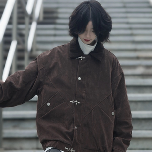 牧游昏昏美式复古麂皮结构男冬季夹克加厚保暖棉服外套