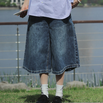 牧游昏昏日系复古水洗做旧宽松牛仔阔腿七分裤夏季直筒中裤男短裤