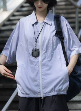 牧游昏昏夏季日系条纹短袖衬衫男休闲百搭翻领宽松拉链薄款上衣女