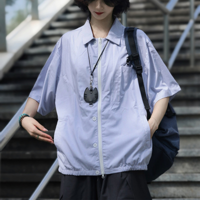 夏季日系条纹短袖翻领薄款衬衫