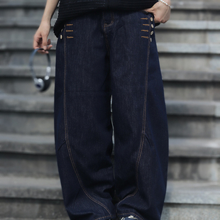 牧游昏昏日系复古重工水洗排扣弯刀牛仔裤男女宽松廓形阔腿长裤潮