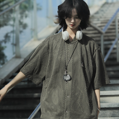 牧游昏昏日系复古夏季镂空网眼宽松透气短袖衬衫男潮百搭衬衣半袖