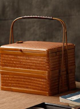 竹编提篮手提覆古篮子竹制双层食盒茶道茶具收纳盒筐托盘古风便携