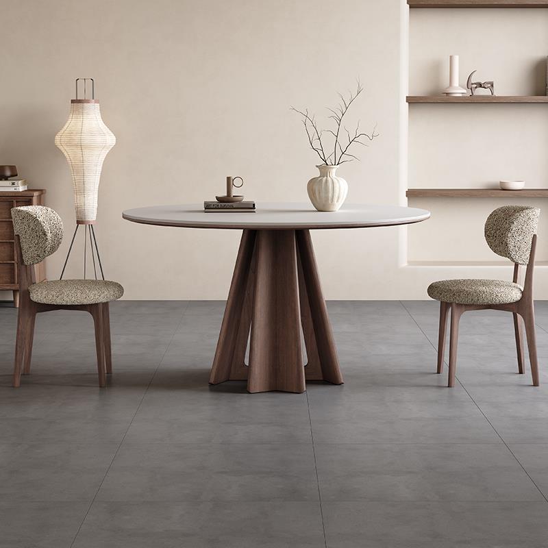 实木岩板餐桌圆形家用胡桃色2025新款极简侘寂风实木圆餐桌带转盘