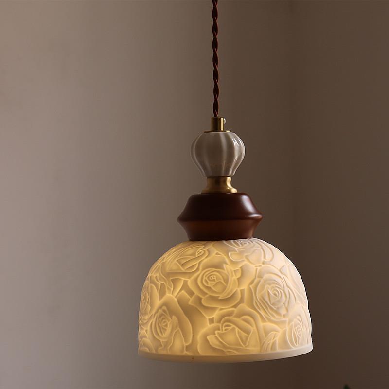 中古玫瑰花陶瓷装饰吊灯吧台床头玄关走廊阳台欧式复古氛围黄铜灯