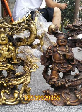 纯铜新款像铜笑佛黄金袋铜骑龙弥勒佛聚财纳福工艺品铜器人物摆件