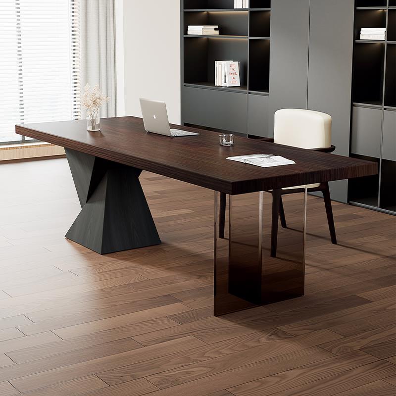 意式极简书桌轻奢现代简约家用书房办公桌带插座压克力实木电脑桌