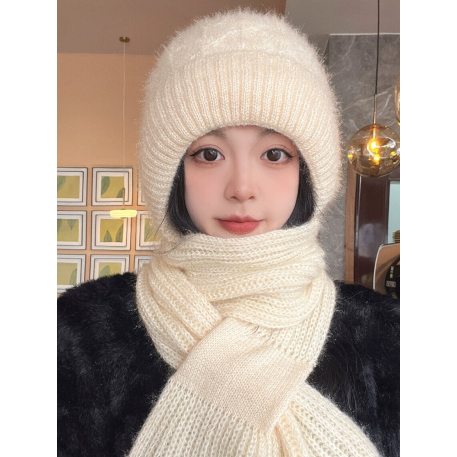 帽子围巾一体加绒加厚风雪帽秋冬新款松鼠绒毛线编织女保暖网红帽
