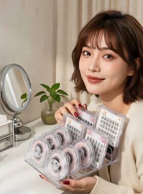 假睫毛眼影盘收纳盒子粉饼分隔格透明桌面彩妆腮红化妆品置物架子