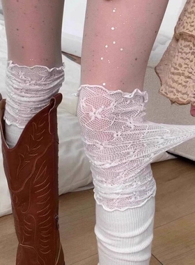 美拉德白色蕾丝花边过膝袜内搭袜子配长靴推推袜靴子叠穿袜套小腿