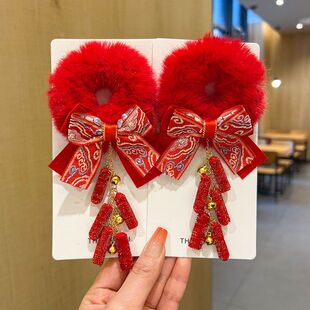 女童发圈蛇年新年头饰中国风红色宝宝皮筋儿童过年拜年丸子头发绳