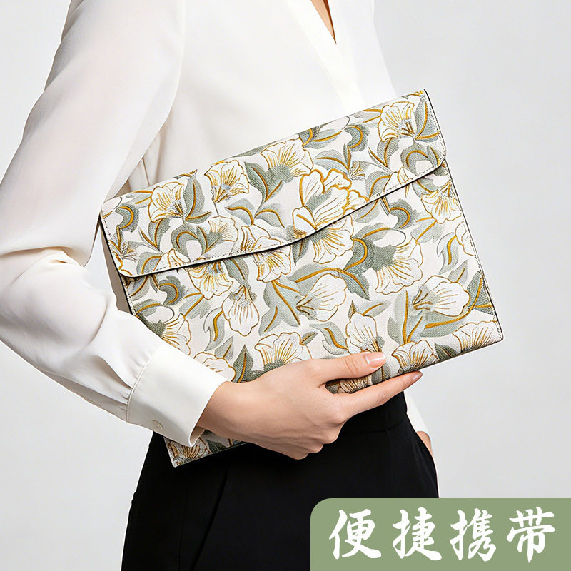 高定款花卉纹PU文件袋A4档案袋文件夹加厚防水资料商务公文袋合同