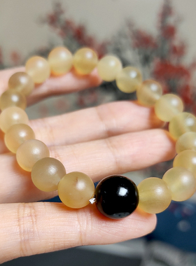 天然真品羊角手串圆珠女士手链10mm通透民族风饰品diy文玩黑牛角