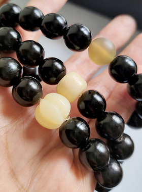 通货黑牛角手串手链男女款饰品佛珠10-12mm圆珠diy骨头文玩手链