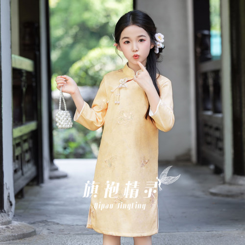 黄色新中式女童旗袍秋冬长袖