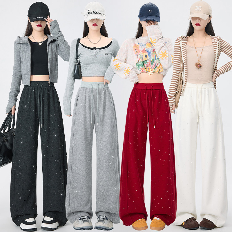 烫钻运动卫裤女2026春季新款宽松休闲弯刀裤垂感直筒阔腿裤