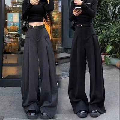 美式炸街加绒加厚毛呢西装裤女2024秋冬时尚高腰显瘦阔腿裤休闲裤