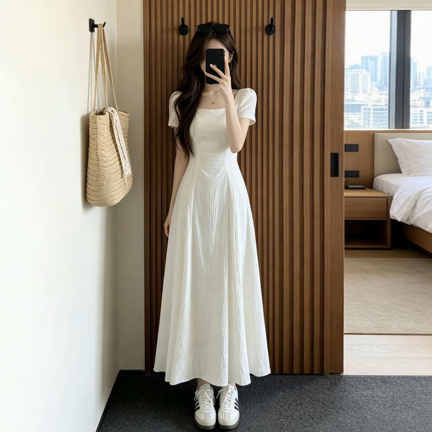 法式巨好看初恋纯欲风白色短袖连衣裙子女2026夏季新款宽松长裙